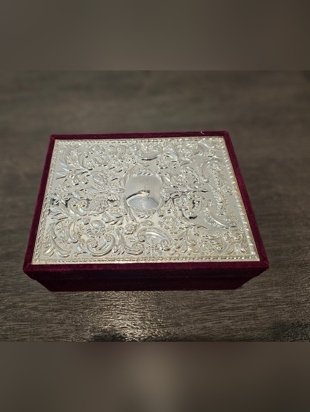 Ornate Silver-Tone Jewelry Box with Burgundy Velvet Base